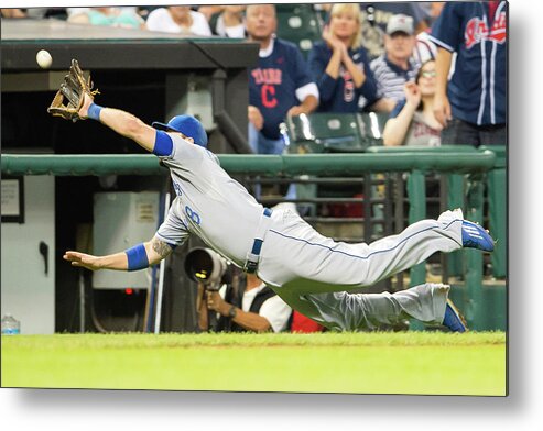 American League Baseball Metal Print featuring the photograph Mike Moustakas and Lonnie Chisenhall by Jason Miller