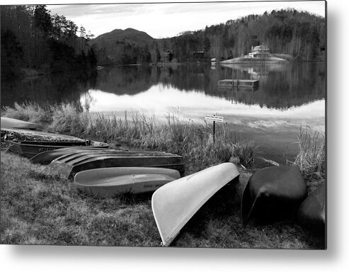 Canoes At Mirror Lake Photo Metal Print featuring the photograph Mirror Lake North Carolina bw by Bob Pardue