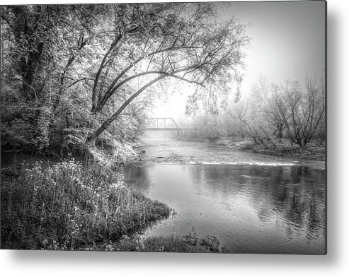 Carolina Metal Print featuring the photograph Misty Morning Fog over the Train River Trestle in Black and Whit by Debra and Dave Vanderlaan
