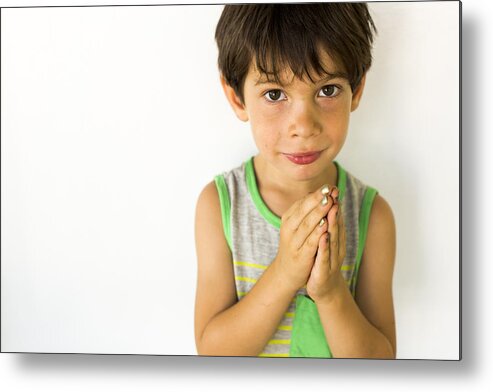 4-5 Years Metal Print featuring the photograph Mixed race boy wearing nail polish by Adam Hester