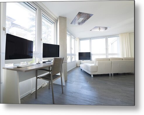 Apartment Metal Print featuring the photograph Modern Living Room with Home Office by Mats Silvan