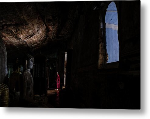 Cave Metal Print featuring the photograph Monk at Dambulla Cave Temple by Arj Munoz