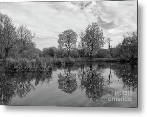 Lake Metal Print featuring the photograph Monochrome lake in Alkington Woods, UK by Pics By Tony