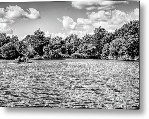 Monochrome Metal Print featuring the photograph Monochrome of clouds over Alkington Woods fishing lake by Pics By Tony
