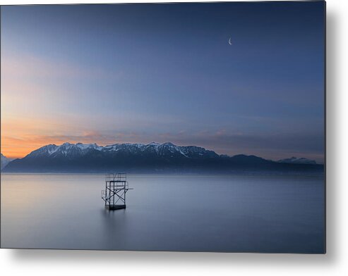 Sunrise Metal Print featuring the photograph Moon over the diving board by Dominique Dubied