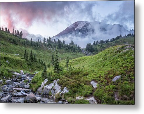 Mount Rainier Metal Print featuring the photograph Mount Rainier and Edith Creek at Sunset by Belinda Greb