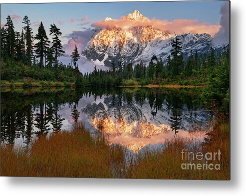 Washington Metal Print featuring the photograph Mount Shuksan Reflecting in Picture Lake at Sunset in Autumn by Tom Schwabel