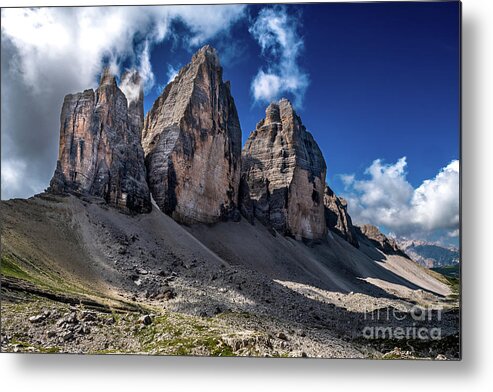 Alpine Metal Print featuring the photograph Mountain Formation Tre Cime Di Lavaredo In The Dolomites Of South Tirol In Italy by Andreas Berthold