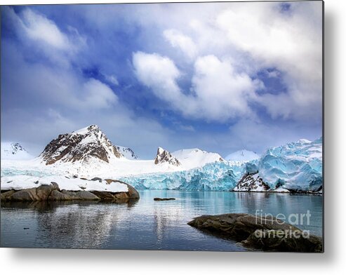Spitsbergen Metal Print featuring the photograph Mountains, snow and blue glacial ice of the Smeerenburg glacier, Svalbard by Jane Rix
