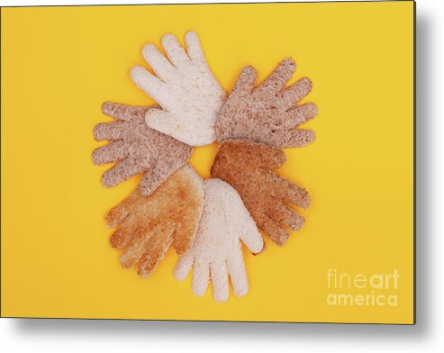 Hands Metal Print featuring the photograph Multicultural hands circle concept made from bread by Simon Bratt
