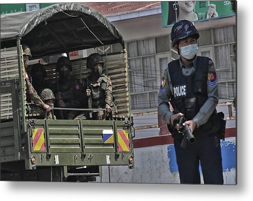 Myanmar Metal Print featuring the photograph Myanmar armed forces prepare to crakcdown the anti-coup protests by Robert Bociaga