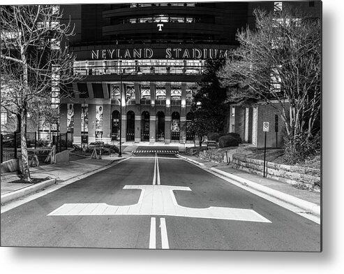 University Of Tennessee At Night Metal Print featuring the photograph Neyland Stadium at the University of Tennessee at night in black and white by Eldon McGraw