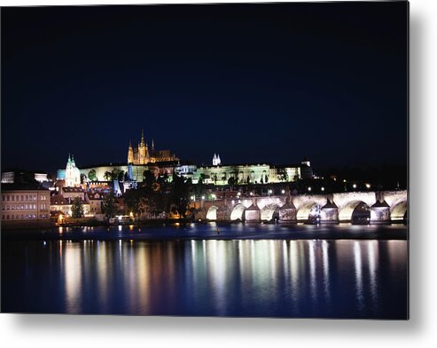 Lamps Metal Print featuring the photograph Night view of the old town of Prague with Prague Castle by Vaclav Sonnek