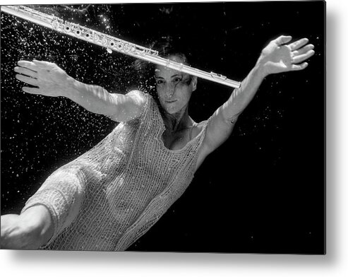 Flute Metal Print featuring the photograph Nina in pool with flute 237 by Dan Friend
