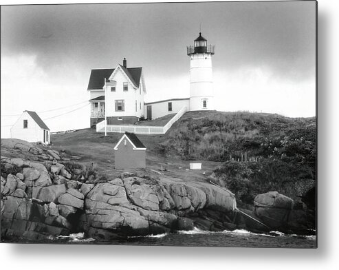 Maine Metal Print featuring the photograph Nubble Light, Maine in Monochrome by Jerry Griffin