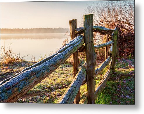 Fence Metal Print featuring the photograph October morning frost in Ontario by Tatiana Travelways