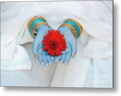Indian Metal Print featuring the photograph Offering a Red Flower by Tim Gainey