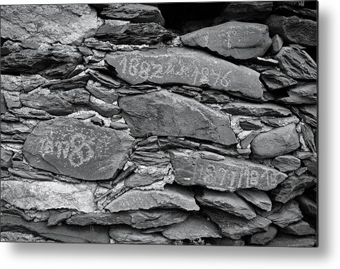 Stone Wall Metal Print featuring the photograph Old schist wall with several dates from 19th century. Portugal by Angelo DeVal