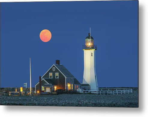 Old Scituate Lighthouse Metal Print featuring the photograph Old Scituate Lighthouse with Full Moon by Juergen Roth