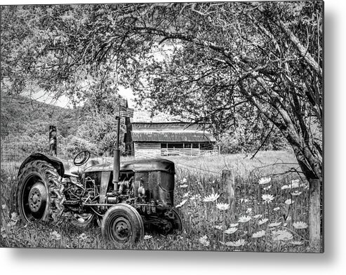 Black Metal Print featuring the photograph Old Tractor in the Wildflowers Black and White by Debra and Dave Vanderlaan