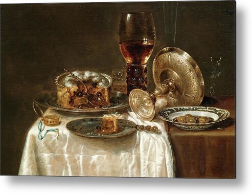 Olives In A Blue And White Porcelain Bowl Metal Print featuring the painting Olives in a Blue and White Porcelain Bowl by Willem Claeszoon Heda