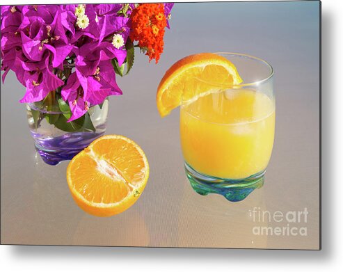 Orange Metal Print featuring the photograph Orange and tangerine fruit juice in the sunshine by Adriana Mueller