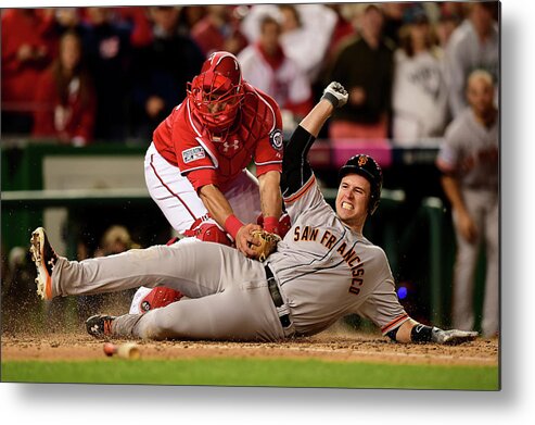 Game Two Metal Print featuring the photograph Pablo Sandoval, Wilson Ramos, and Buster Posey by Patrick Smith