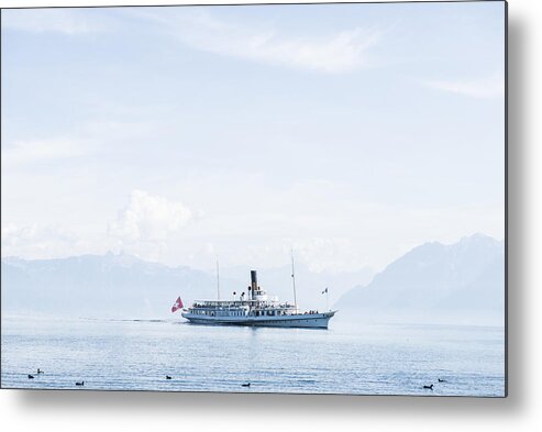 Tranquility Metal Print featuring the photograph Paddle Wheel Boat on Lake Geneva in Lausanne by Mats Silvan
