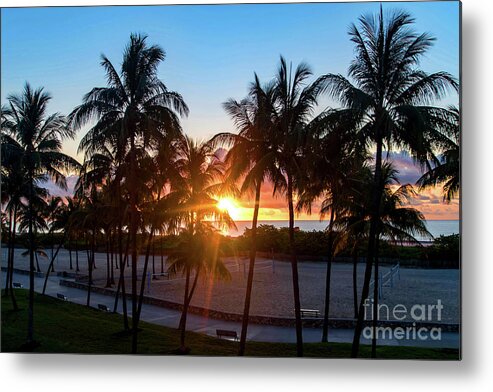 Palm Metal Print featuring the photograph Palm Tree Sunset on Ocean Drive South Beach Miami by Beachtown Views