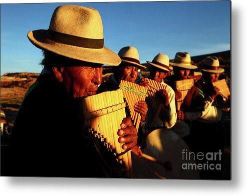 Panpipes Metal Print featuring the photograph Panpipe Musicians at Golden Hour Oruro Region Bolivia by James Brunker