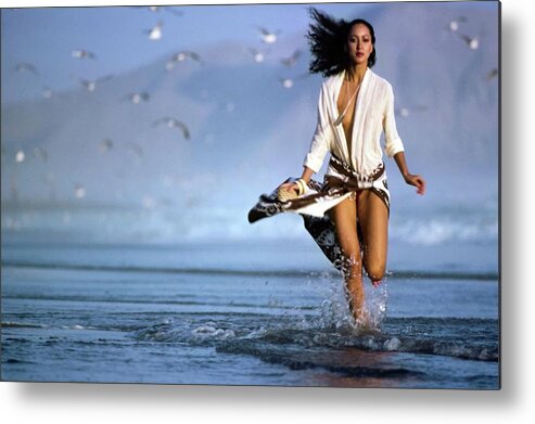 Jewelry Metal Print featuring the photograph Pat Cleveland Running On The Beach by Jacques Malignon