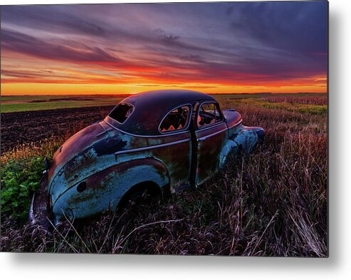 1947 Metal Print featuring the photograph Patina Perspectives Series - 5 of 6 1947 Chevy coup abandoned in ND field at sunrise by Peter Herman
