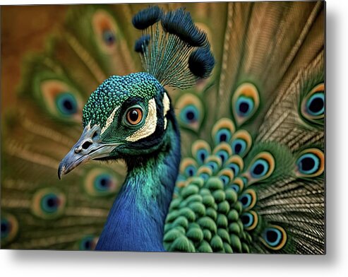 Peacock Metal Print featuring the digital art Peacock Closeup with Feathers Fanned Out in Background by Jim Vallee