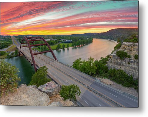 Pennybacker Bridge Metal Print featuring the photograph Pennybacker Bridge Sunset near Austin Texas by Rob Greebon