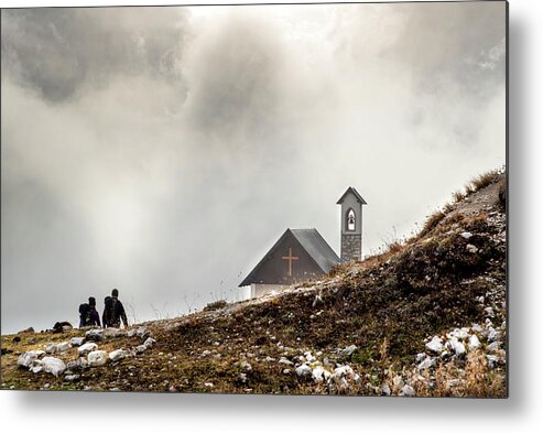 Italian Alps Metal Print featuring the photograph People hiking the trail to the church at Tre cime di lavadero. Italian Alps Italy by Michalakis Ppalis