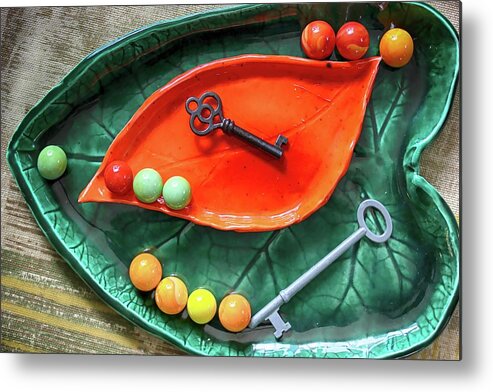 Pickle Dish Metal Print featuring the photograph Pickle Dishes Keys Marbles by Mary Bedy