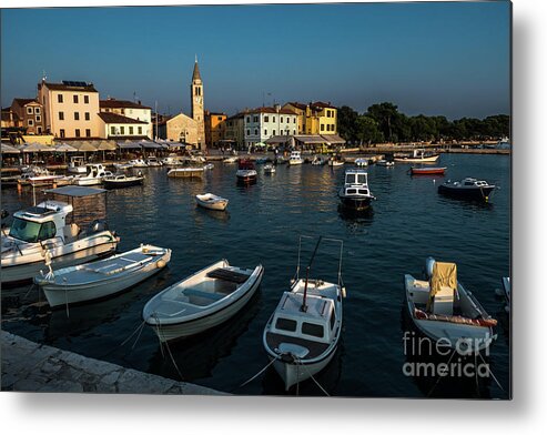 Accommodation Metal Print featuring the photograph Picturesque Village Fazana In Croatia With Old Church And Boats In Harbor by Andreas Berthold