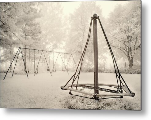 Swingset Metal Print featuring the photograph Playground Memories - swings and witches-hat merry go round at Cooksville WI schoolhouse in infrared by Peter Herman