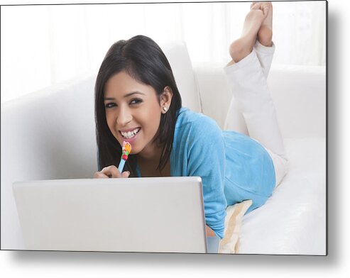 People Metal Print featuring the photograph Portrait of girl with laptop smiling by Ravi Ranjan
