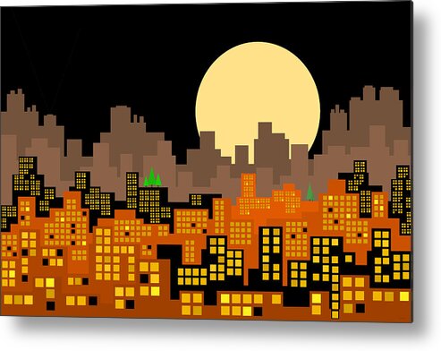 Whimsical City Skyline With Full Moon Metal Print featuring the digital art Whimsical City Skyline with Full Moon by Val Arie
