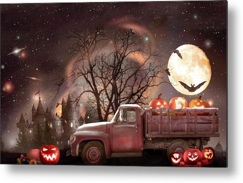Truck Metal Print featuring the photograph Pumpkins under the Halloween Country Moon by Debra and Dave Vanderlaan