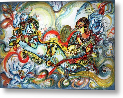 Krishna Metal Print featuring the painting Radha Krishna - Flute - Love by Harsh Malik