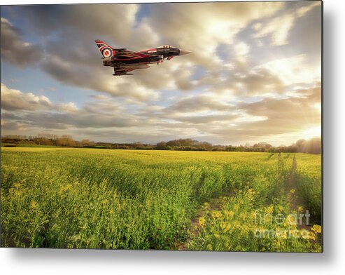 Raf Metal Print featuring the photograph RAF Typhoon Eurofighter jet flying over rapeseed crops by Simon Bratt