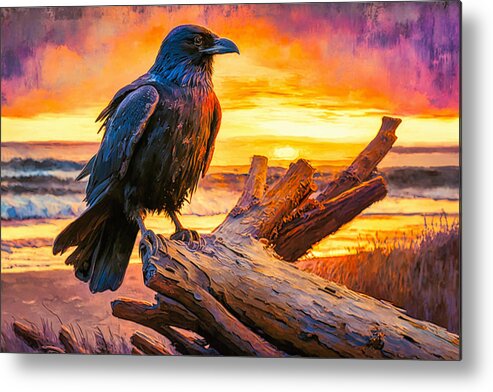 Abstract Metal Print featuring the digital art Raven on Driftwood by Craig Boehman