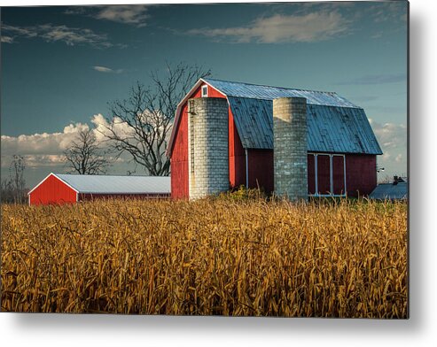 Art Metal Print featuring the photograph Red Barn and Cornfield in West Michigan on a Sunny Day by Randall Nyhof