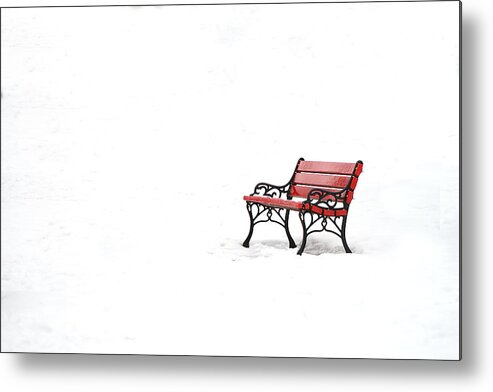 Red Bench In Snow Metal Print featuring the photograph Red Bench in Snow by Richard Reeve