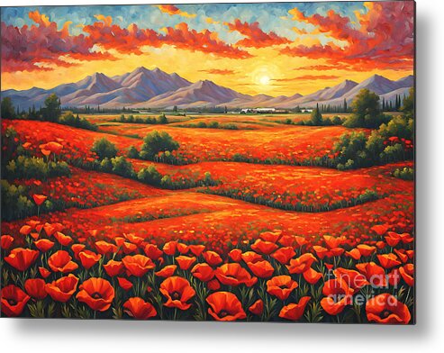 Red Poppy Flower Field Sunset Painting Metal Print featuring the digital art Red Poppy Flower Field Sunset Painting by Two Hivelys