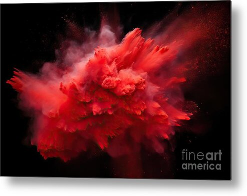 Red Metal Print featuring the painting Red powder explosion on black background. Freeze motion of red dust particles splash. by N Akkash