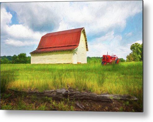 Tractor Metal Print featuring the photograph Red Roof Barn and Red Tractor Painting by Debra and Dave Vanderlaan