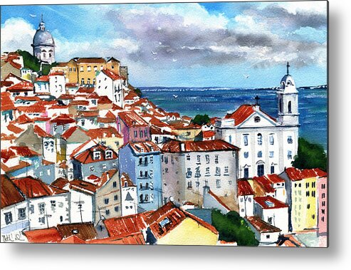 Portugal Metal Print featuring the painting Red Rooftops of Lisbon Alfama by Dora Hathazi Mendes